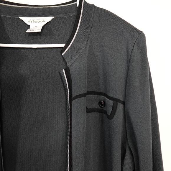 Exclusively Misook Grey Cardigan Open Front Black White Trim Shoulder Pads - Picture 4 of 10